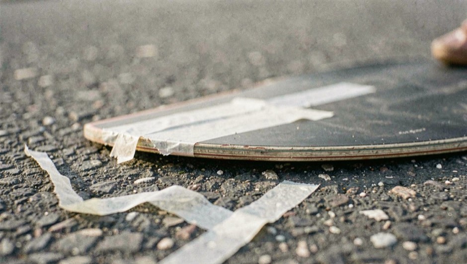 Ein Schlägerblatt mit abgeschliffener Kante liegt auf rauem Asphalt, frisches Klebeband hängt noch lose.