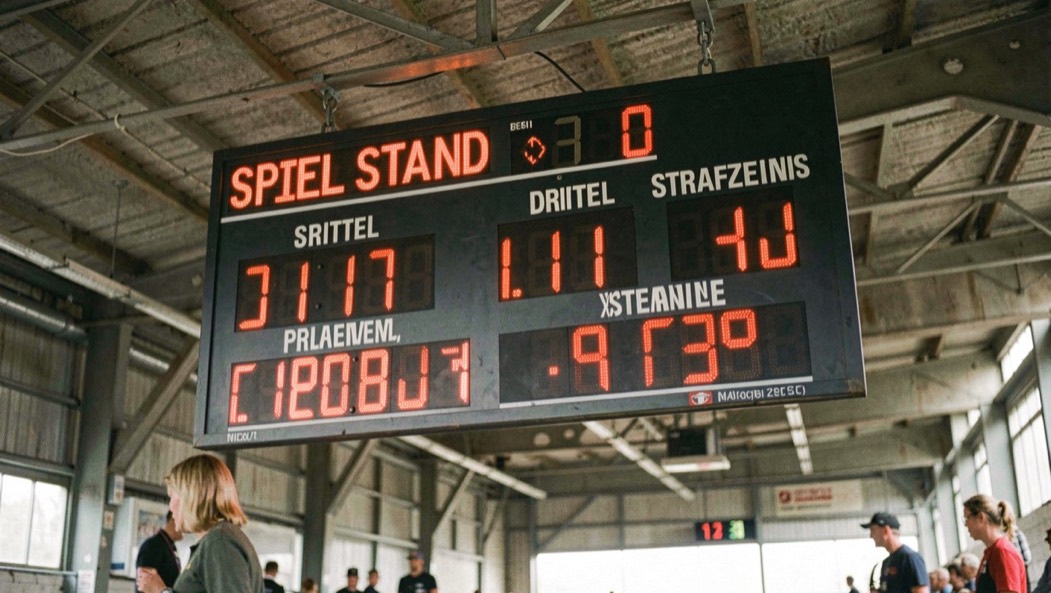 Eine große Anzeigetafel unter dem Hallendach zeigt Spielstand, Drittel und Strafzeiten in roten Ziffern.