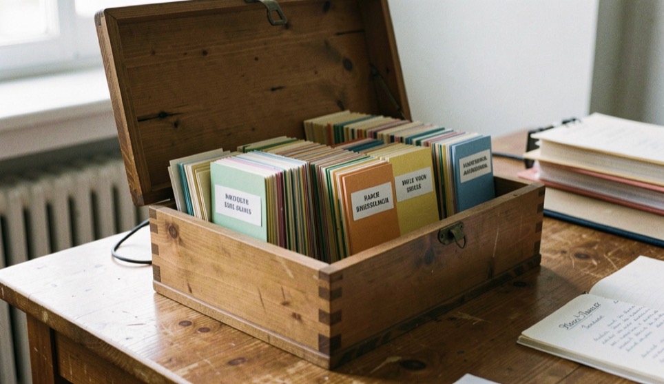 Ein hölzerner Archivkasten steht offen auf einem Tisch, dicht gefüllt mit Karteikarten und beschrifteten Registern.