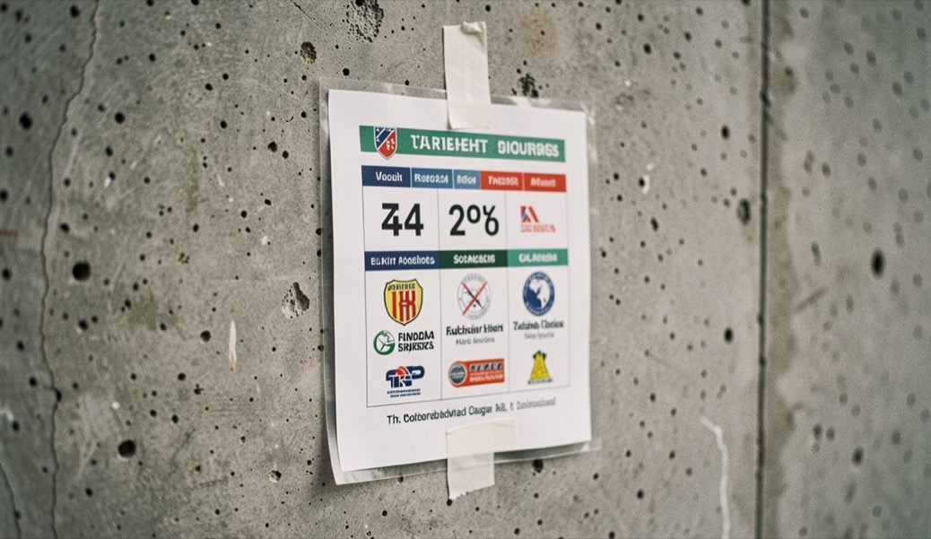 Ein Ausdruck mit Turnierergebnissen steckt in einer Klarsichthülle und hängt mit Klebeband an einer Betonwand.