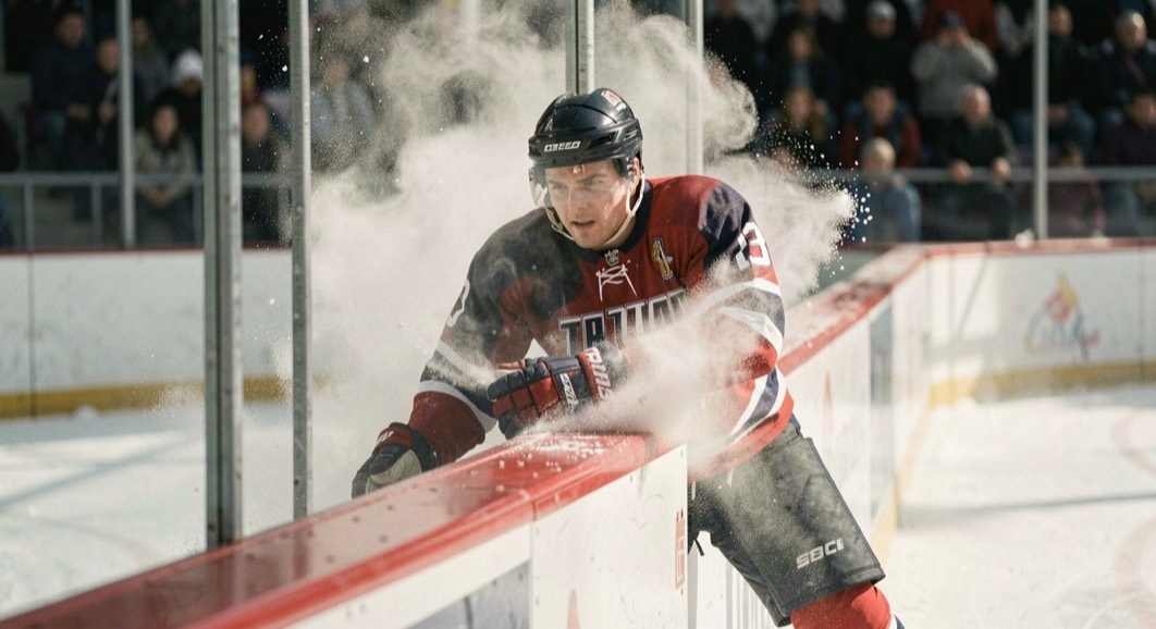 Ein Spieler bremst hart vor der Bande ab, eine Wolke aus Eisstaub steigt bis zur Plexiglasscheibe auf.