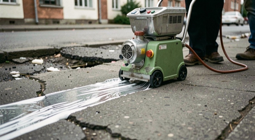 Eine Eismaschine zieht ihre erste Bahn über die zerfahrene Fläche und hinterlässt einen glänzenden Streifen.