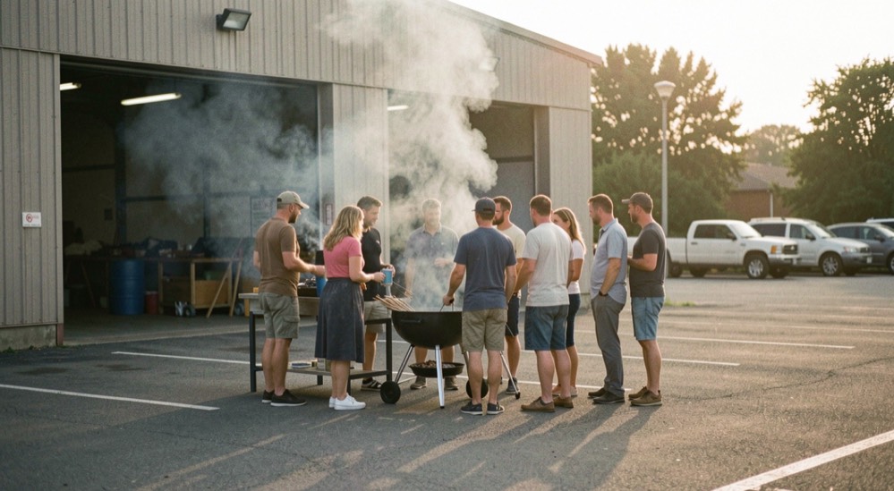 Hinter einer Halle steht eine Gruppe im Sommerabendlicht um einen Grill, Rauch zieht über den Parkplatz.