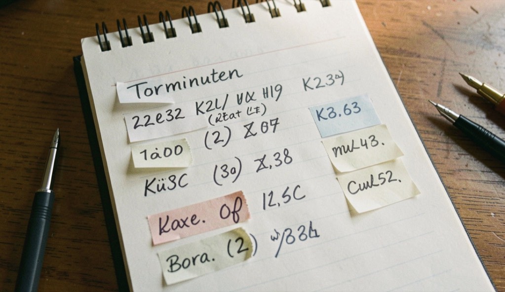 Ein Notizblock zeigt handschriftliche Torminuten und Kürzel, an einigen Zeilen kleben kleine Klebezettel.