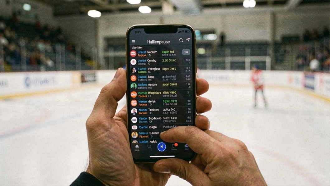 Ein Handy zeigt in der Hallenpause einen Liveticker, im Hintergrund unscharf die beleuchtete Eisfläche.
