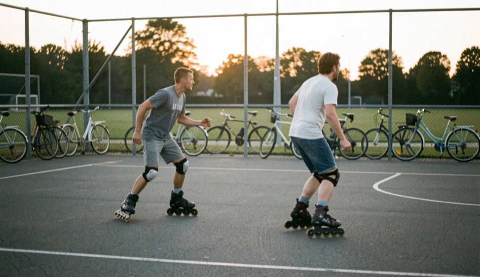 Auf einem umzäunten Asphaltplatz spielen zwei Mannschaften auf Inlineskates, hinter der Bande stehen Fahrräder im Abendlicht.