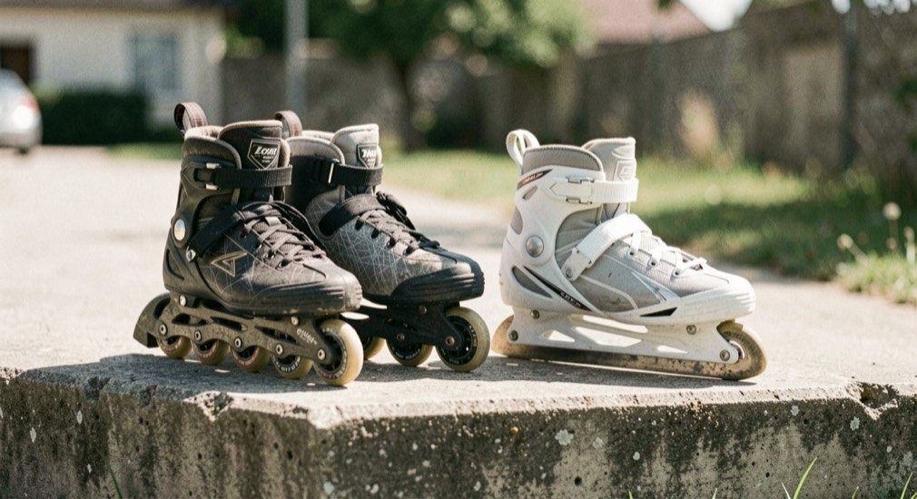 Ein Paar Hockey-Inlineskates steht neben einem Paar Schlittschuhen auf einer Betonstufe im Sonnenlicht.