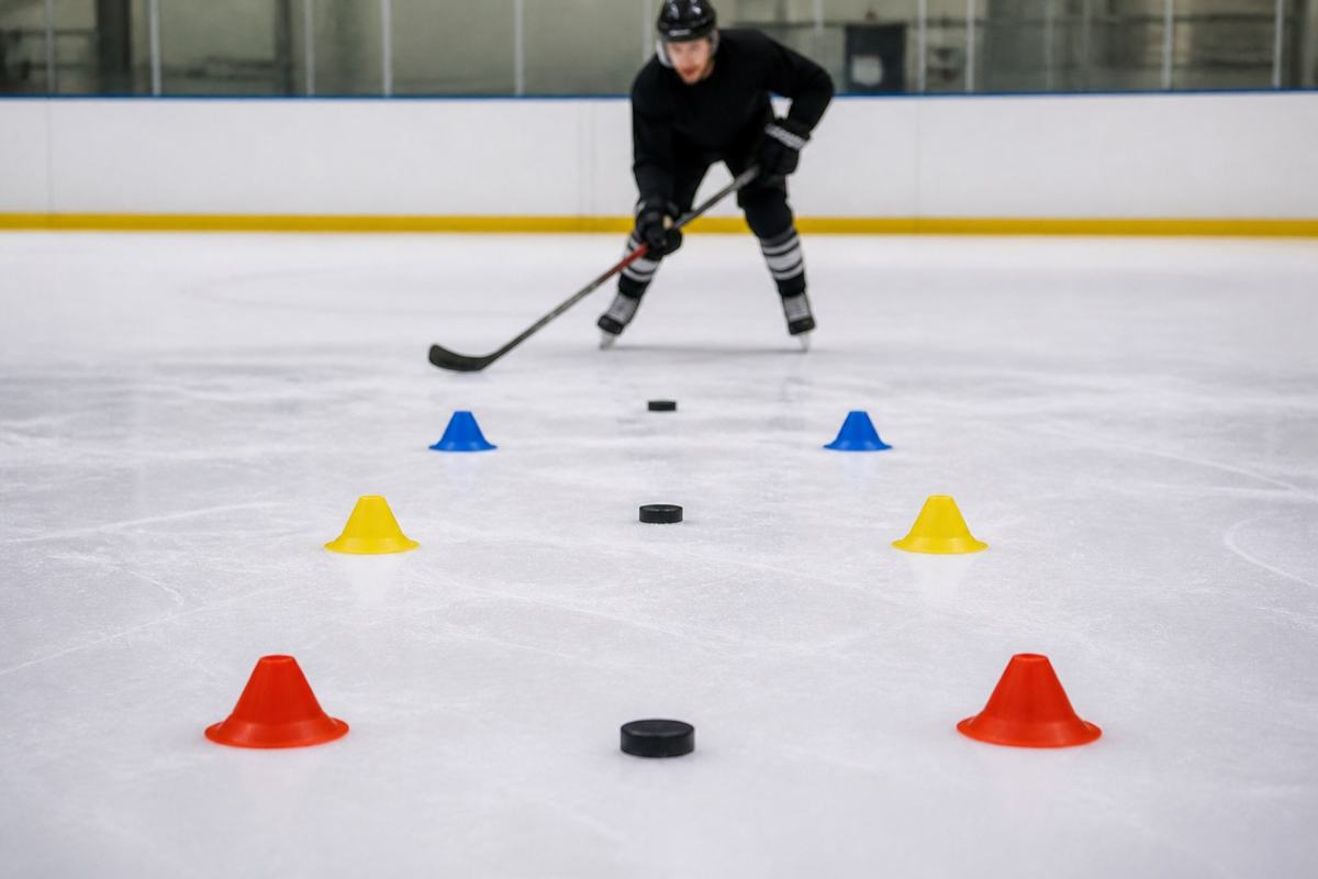 Weißer Karategi und schwarzer Eishockeyschläger nebeneinander auf einer Holzbank vor einer Eisbahn, kaltes Seitenlicht einer Winternachmittagssonne, enger Bildausschnitt in Augenhöhe.