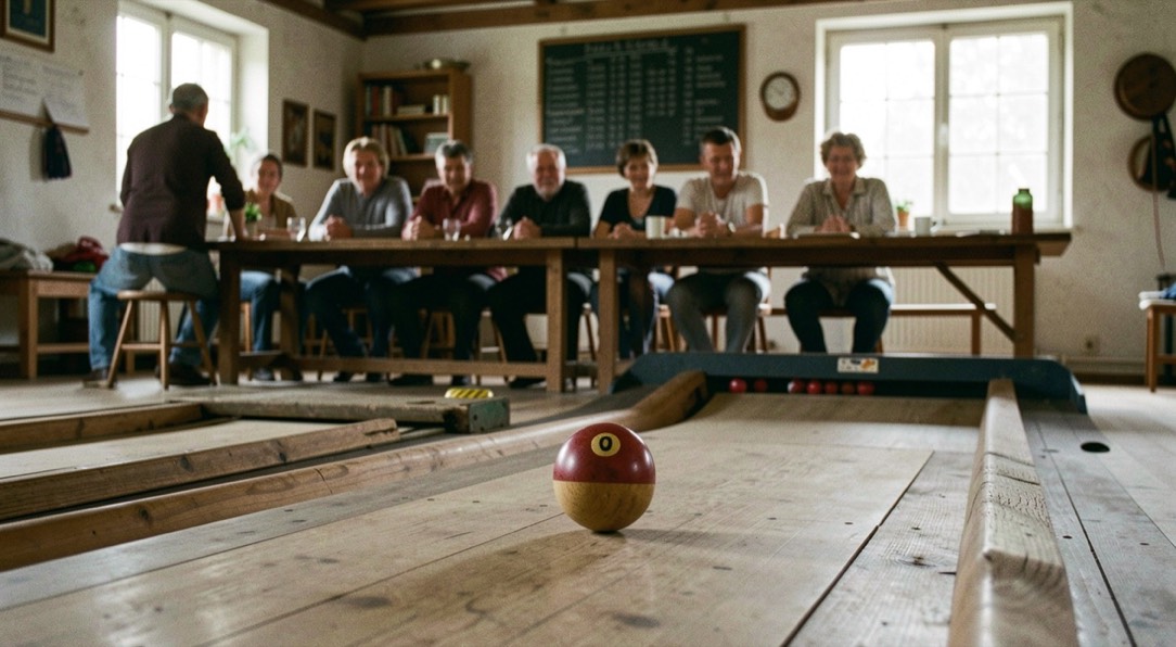 Auf einer alten Kegelbahn rollt eine Kugel, im Hintergrund sitzt eine Gruppe an einem langen Holztisch.