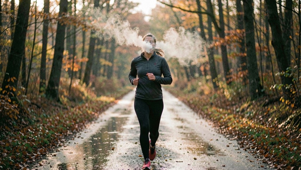 Eine Läuferin joggt über einen nassen Waldweg im tief stehenden Herbstlicht, Atem steht als Wolke vor ihrem Gesicht.