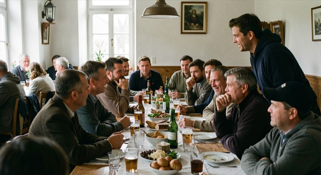 An einer langen Tafel in einer einfachen Gaststube sitzt eine Mannschaft dicht gedrängt, jemand steht auf und erzählt etwas.
