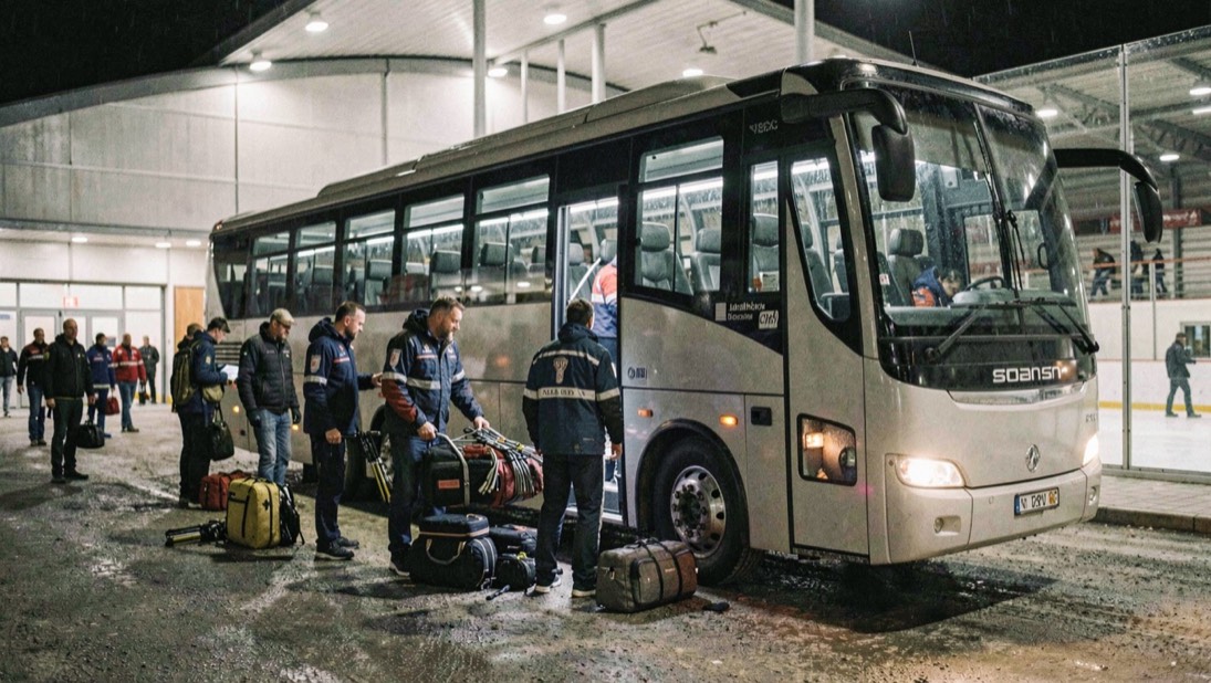 Ein Mannschaftsbus steht nachts vor einer beleuchteten Eishalle, Spieler laden Taschen und Schlägerbündel aus.