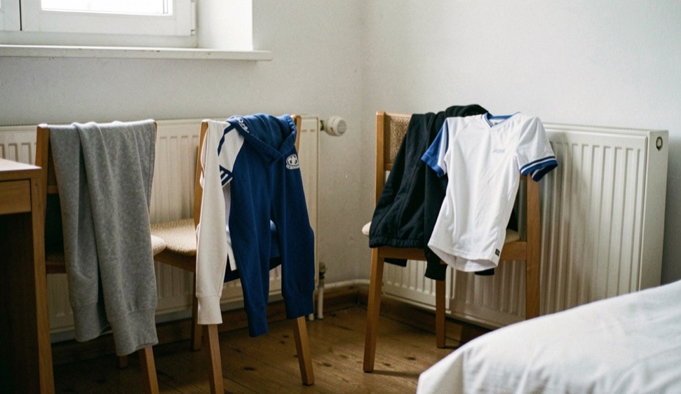Nasse Schoner und Trikots hängen über Stuhllehnen und Heizkörper in einem einfachen Hotelzimmer.
