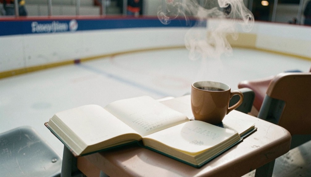Auf einem Tribünensitz liegen ein aufgeschlagenes Notizbuch und ein dampfender Kaffeebecher, im Hintergrund leeres Eis.