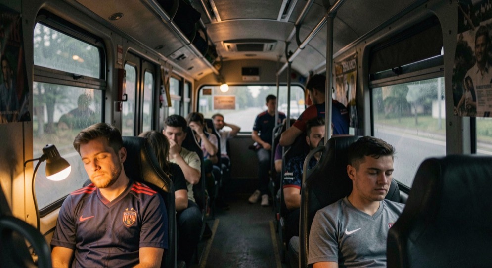 Im dunklen Innenraum eines Busses schlafen Spieler an den Fenstern, nur die Leselampe des Fahrers brennt.
