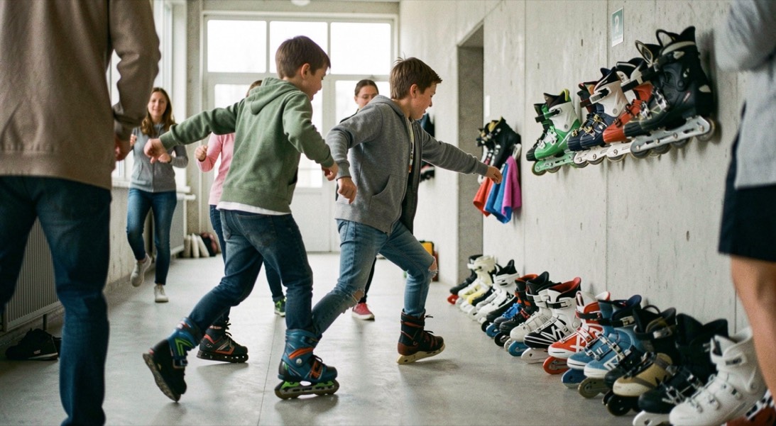 Eine Gruppe wärmt sich im Hallengang mit Sprüngen und Ausfallschritten auf, die Schlittschuhe stehen noch aufgereiht an der Wand.