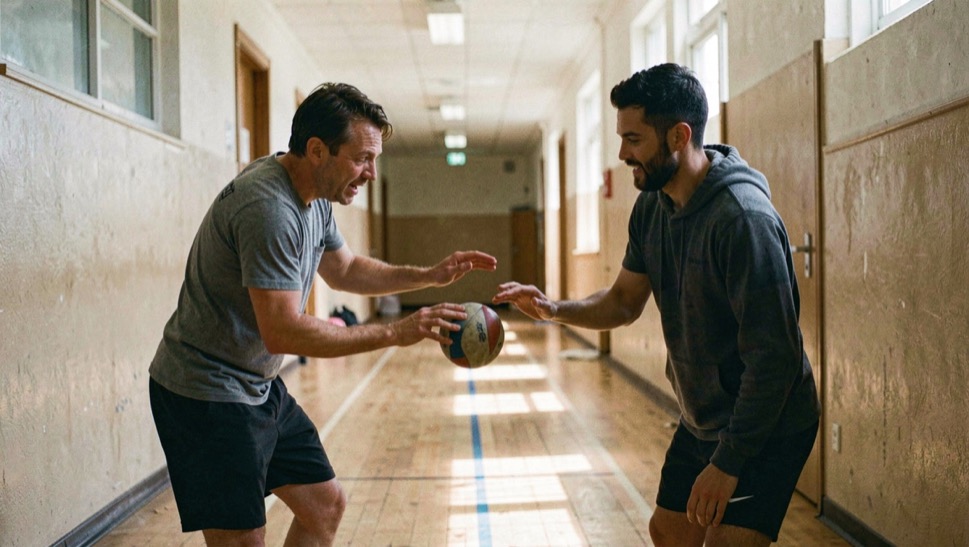 Zwei Spieler spielen sich im Hallenflur einen kleinen Ball zu, um vor dem Spiel warm zu werden.