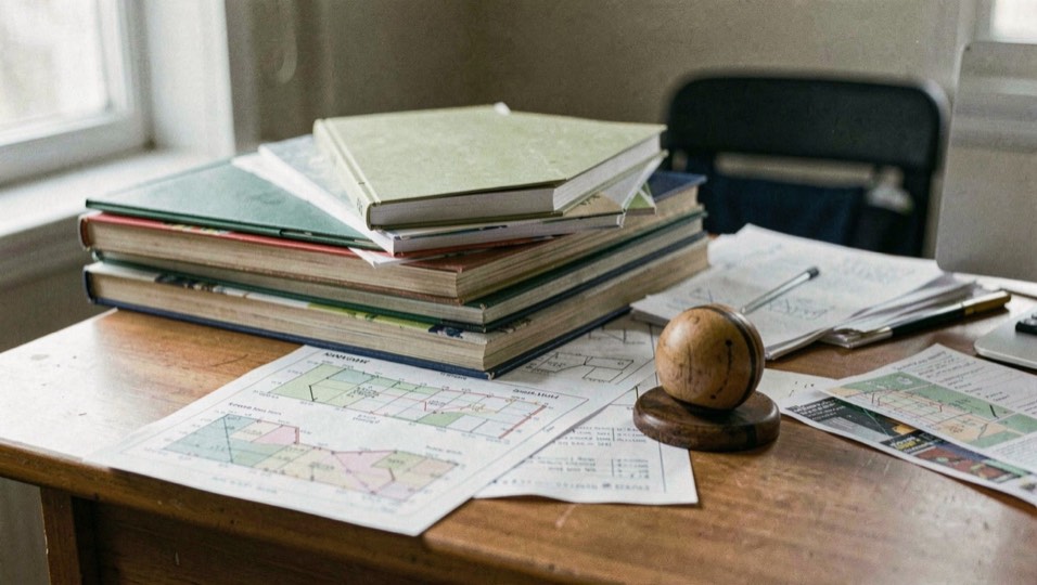 Auf einem Schreibtisch stapeln sich Notizbücher, ausgedruckte Spielpläne und ein Puck als Briefbeschwerer.
