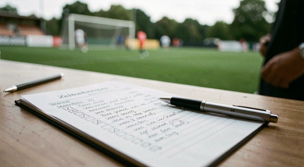 Ein Statistikbogen mit Strichliste und Kugelschreiber liegt am Zeitnehmertisch, im Hintergrund verschwommen das Spielfeld.