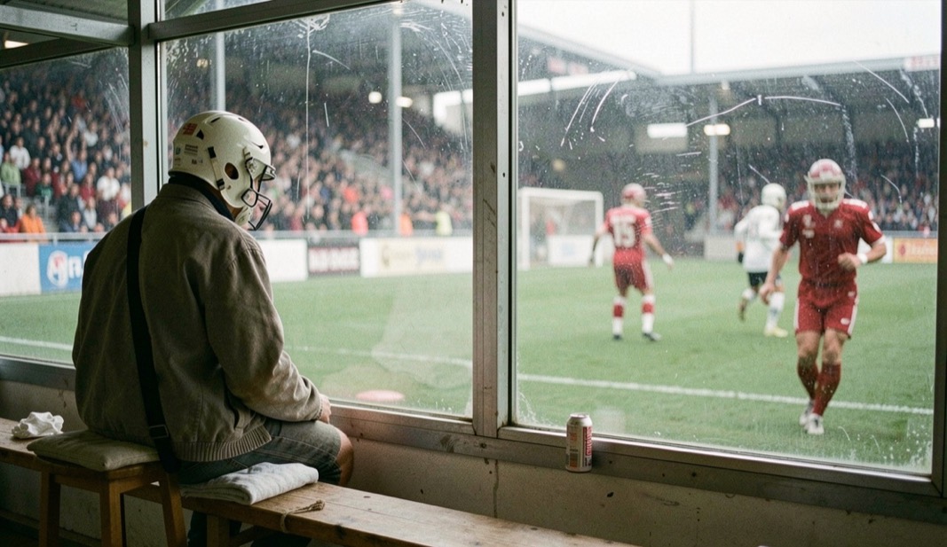 Ein Spieler sitzt allein auf der Strafbank, den Helm noch auf, und beobachtet durch das Plexiglas das Spiel.
