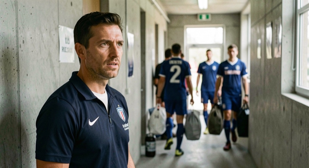 Ein Trainer steht nach dem Spiel im Hallengang und antwortet knapp, im Hintergrund tragen Spieler Taschen vorbei.