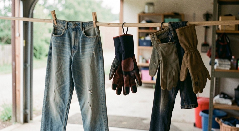 Auf einem Trockenständer in einer Garage hängen Hose, Schoner und Handschuhe getrennt voneinander im Luftzug.