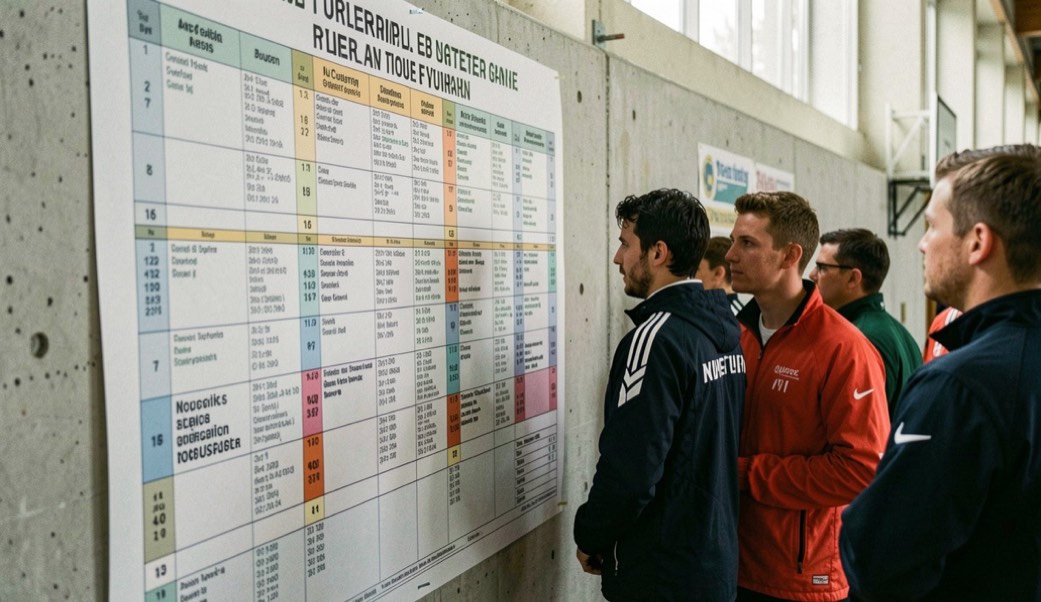 Ein großer ausgedruckter Turnierplan mit Gruppen und Anspielzeiten hängt an einer Hallenwand, davor stehen Spieler in Trainingsjacken.